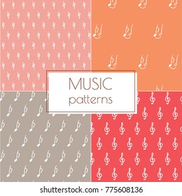 Set of music signs patterns in rose, orange, grey and red color