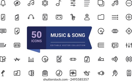 Set of Music And Song outline icons related to music and Entertainment. Linear icon collection. Editable stroke. Vector illustration.
