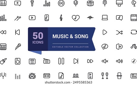 Set of Music And Song outline icons related to music and Entertainment. Linear icon collection. Editable stroke. Vector illustration.