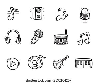 Set of music and sound icon in cute doodle style isolated on white background