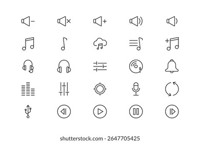 Set of Music and Sound Line Icons Including Volume, Notes, Headphones, Microphone, and Playback Controls Isolated on White Background