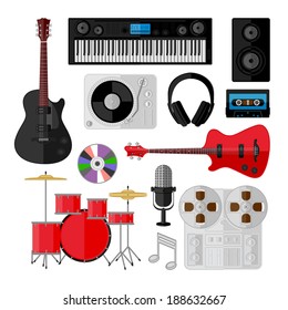 Set of music and sound objects isolated on white. Flat design. Vector illustration. 