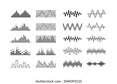 Set of Music Sound Waves, Radio Frequency Tracks and Vibration Impulse Signs. Audio Digital Equalizer Technology Isolated Design Elements, Console Panel, Pulse Musical Beats. Vector Illustration