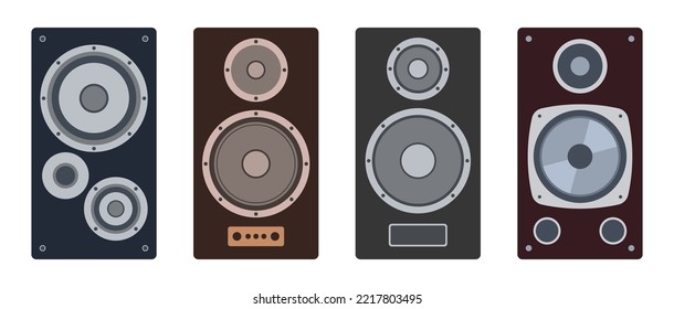 Set of music speakers. Vector music speakers flat icons. Sound speakers color illustration in flat style. Home speaker flat icon set. Acoustic audio systems. Vector illustration.