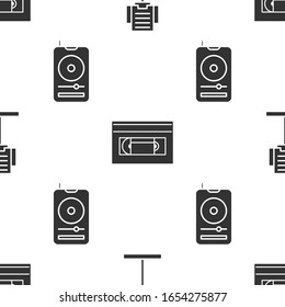 Set Music stand, VHS video cassette tape and Music player on seamless pattern. Vector