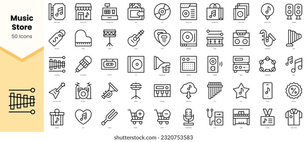 Set von Musik-Store-Symbole. Paket mit einfachen Kunstsymbolen für Linien. Vektorgrafik