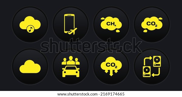 Set Music streaming service, CO2 emissions cloud,\
Car sharing, , Methane reduction and Flight mode the mobile icon.\
Vector