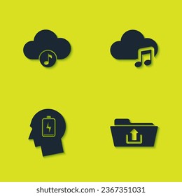 Set Music streaming service, Folder upload, Head with low battery and  icon. Vector
