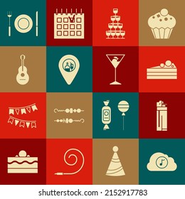 Set Music streaming service, Lighter, Cake, Wine glasses stacked pyramid tower, Alcohol or beer bar location, Guitar, Plate, fork and knife and Martini icon. Vector