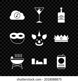 Set Music streaming service, Martini glass, Whiskey bottle, Barbecue grill, Home stereo with two speakers, Beer can, Festive mask and Clown head icon. Vector