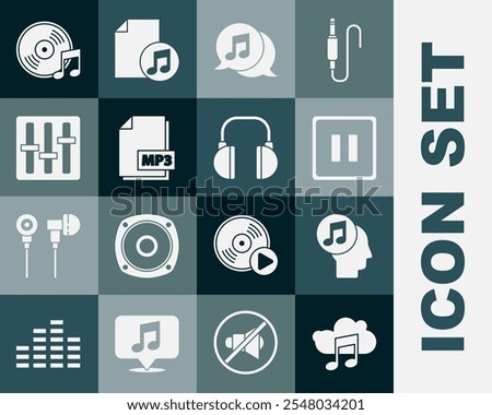 Set Music streaming service, Musical note human head, Pause button, speech bubble, MP3 file document, Sound mixer controller, Vinyl disk and Headphones icon. Vector