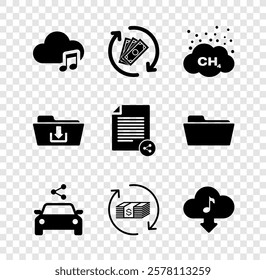 Set Music streaming service, Refund money, Methane emissions reduction, Car sharing,  and Cloud download music icon. Vector