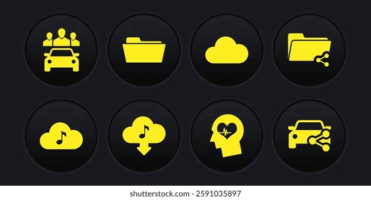 Set Music streaming service, Share folder, Cloud download music, Head with heartbeat,  and Folder icon. Vector