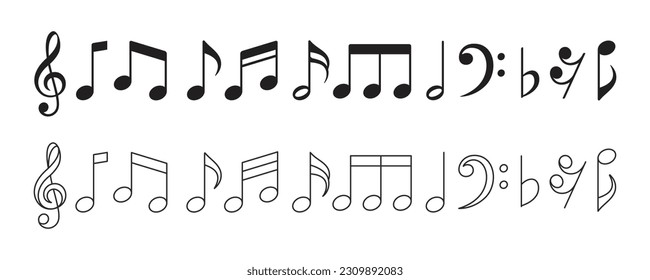 Set of music symbol key notes flat and outlined style icons vector