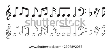 Set of music symbol key notes flat and outlined style icons vector