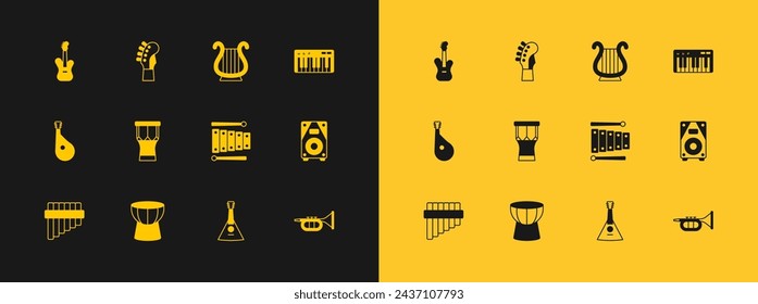 Set Music synthesizer, African darbuka drum, Xylophone, Balalaika, percussion, Ancient Greek lyre, Electric bass guitar and Guitar neck icon. Vector