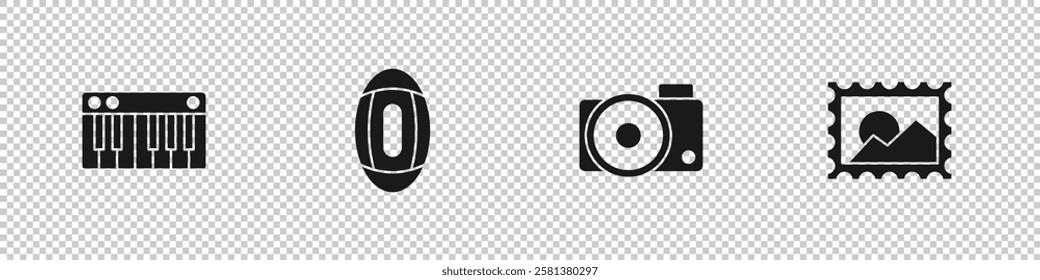 Set Music synthesizer, American Football ball, Photo camera and Postal stamp icon. Vector