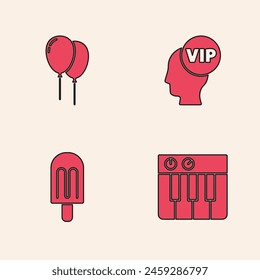 Set Music synthesizer, Balloons with ribbon, Vip inside head and Ice cream icon. Vector