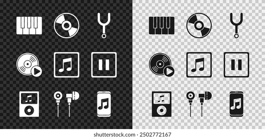 Set Music synthesizer, CD or DVD disk, Musical tuning fork, player, Air headphones, Vinyl and note, tone icon. Vector
