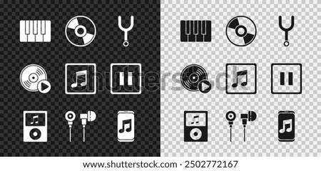 Set Music synthesizer, CD or DVD disk, Musical tuning fork, player, Air headphones, Vinyl and note, tone icon. Vector