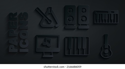 Set Music synthesizer, Computer with music note, Guitar, Stereo speaker and Triangle musical instrument icon. Vector