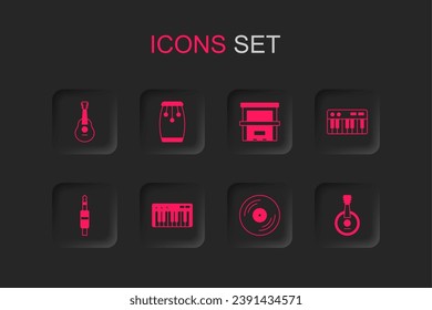 Set Music synthesizer, Conga drums, Guitar, Vinyl disk, Banjo, Piano and Audio jack icon. Vector