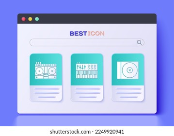 Set Music synthesizer, DJ remote for playing and mixing music and CD or DVD disk icon. Vector