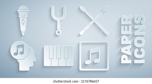 Set Music synthesizer, Drum sticks, Musical note in human head, note, tone, tuning fork and Microphone icon. Vector