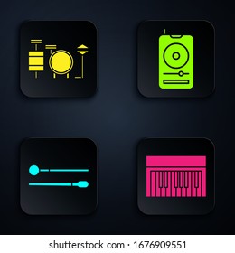 Set Music synthesizer, Drums, Drum sticks and Music player. Black square button. Vector