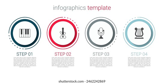 Set Music synthesizer, Electric bass guitar, Microphone and Ancient Greek lyre. Business infographic template. Vector