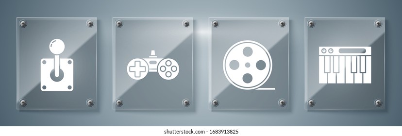 Set Music synthesizer, Film reel, Gamepad and Joystick for arcade machine. Square glass panels. Vector