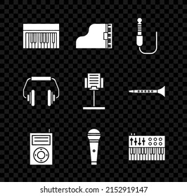 Set Music synthesizer, Grand piano, Audio jack, MP3 player, Microphone, Headphones and stand icon. Vector