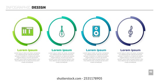 Sintetizador de música, guitarra, altavoz estéreo y clave de agudos. Plantilla de infografía de negocios. Vector