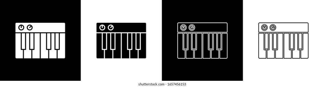 Set Music synthesizer icon isolated on black and white background. Electronic piano.  Vector Illustration