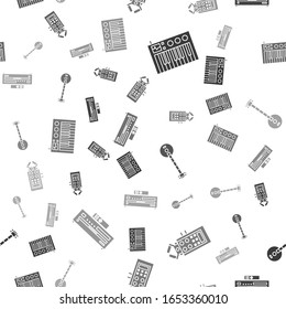 Set Music synthesizer, Microphone, Banjo and Music CD player on seamless pattern. Vector