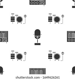 Set Music synthesizer, Microphone and Drums on seamless pattern. Vector