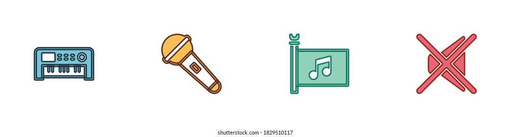 Set Music synthesizer, Microphone, festival flag and Speaker mute icon. Vector.