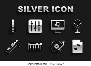 Set Music synthesizer, Microphone, MP3 file document, Vinyl player, Audio jack, Computer with music note, Guitar and Sound mixer controller icon. Vector