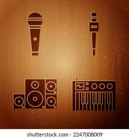 Set Music synthesizer, Microphone, Stereo speaker and Microphone on wooden background. Vector