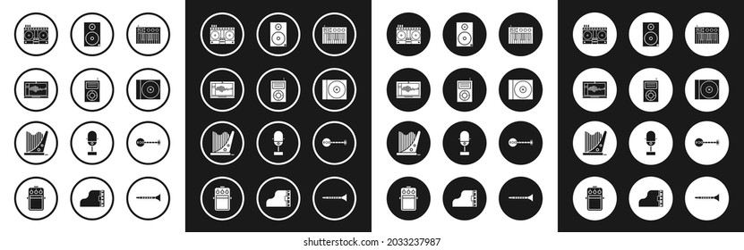 Set Music synthesizer, MP3 player, Sound or audio recorder on laptop, DJ remote for playing and mixing music, CD DVD disk, Stereo speaker, Banjo and Harp icon. Vector