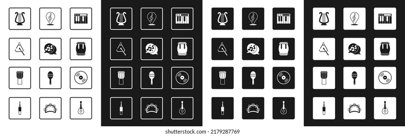 Set Music synthesizer, note, tone, Triangle, Ancient lyre, Drum, Treble clef, Vinyl disk and  icon. Vector