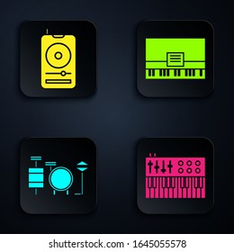 Set Music synthesizer, Music player, Drums and Piano. Black square button. Vector