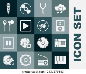 Set Music synthesizer, player, Musical tuning fork, Play square, Air headphones, Microphone and Speaker mute icon. Vector