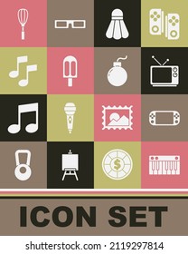 Set Music Synthesizer, Portable Video Game Console, Retro Tv, Badminton Shuttlecock, Ice Cream, Note, Tone, Kitchen Whisk And Bomb Ready Explode Icon. Vector