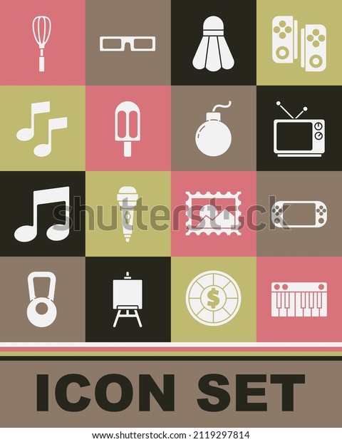 Set Music synthesizer, Portable\
video game console, Retro tv, Badminton shuttlecock, Ice cream,\
note, tone, Kitchen whisk and Bomb ready explode icon.\
Vector