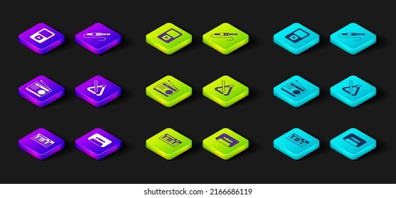 Set Music synthesizer, Retro audio cassette tape, Radio, Triangle musical instrument, Audio jack and player icon. Vector