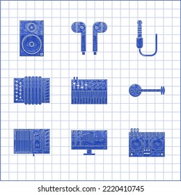 Set Music synthesizer, Sound or audio recorder on monitor, DJ remote for playing and mixing music, Banjo, tape player, Musical instrument accordion, Audio jack and Stereo speaker icon. Vector