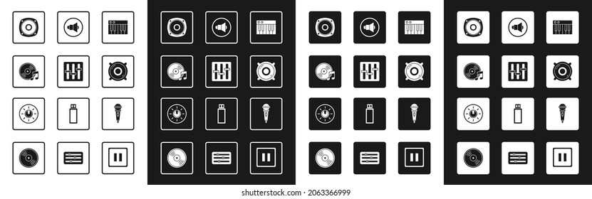 Set Music synthesizer, Sound mixer controller, Vinyl disk, Stereo speaker, Speaker volume, Microphone and Dial knob level technology settings icon. Vector