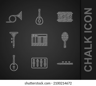 Set Music synthesizer, Sound mixer controller, Drum and drum sticks, Maracas, Banjo,  and Trumpet icon. Vector