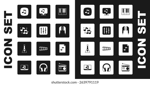 Set Music synthesizer, Sound mixer controller, note, tone, Air headphones, MP3 file document and Balalaika icon. Vector